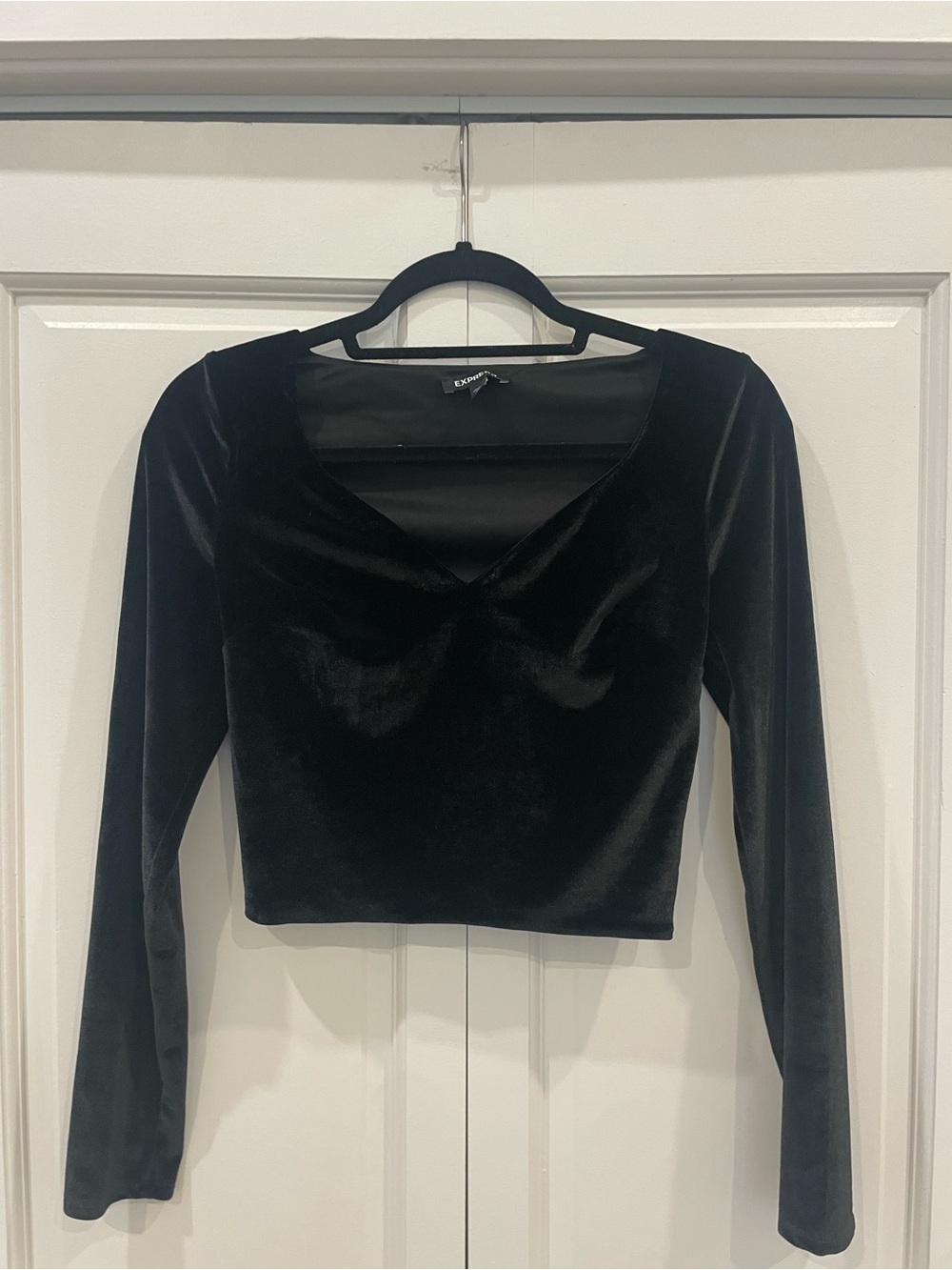Express Black Velvet Long-Sleeve V-Neck Crop Top